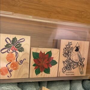 Holiday Wooden Stamps Set - Holly with bells, Poinsettia, and Cardinal